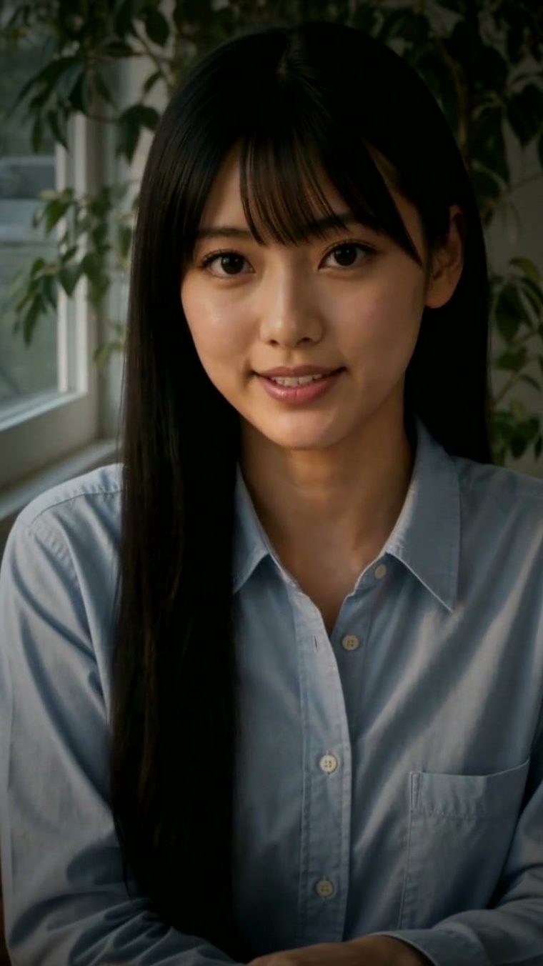 Hana Viora at her window desk in a pale blue shirt, plants on the sill behind her.