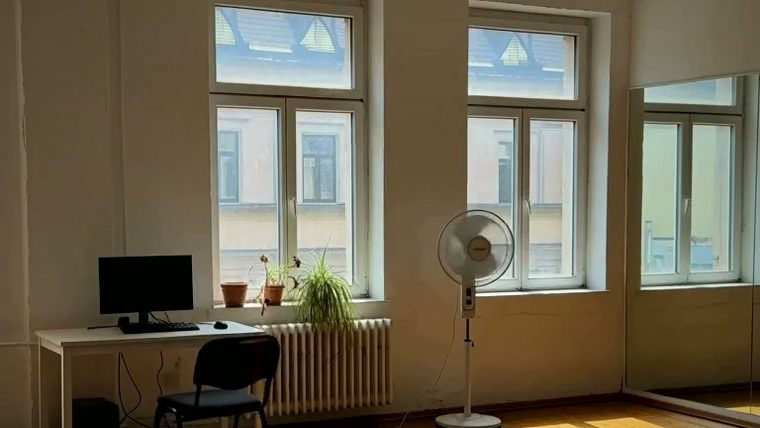 Her studio, empty: mirrored wall, windows, worn wooden floor.